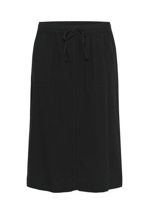 Melna ceļgalu garuma svārki ar elastīgu jostasvietu un auklu, ar divām priekšējām plāksteru kabatām un vertikālām šuvju detaļām.