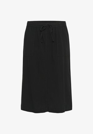 Crna suknja duljine do koljena s elastičnim pojasom i vezicom, s dva prednja džepa na zakrpama i vertikalnim šavovima.