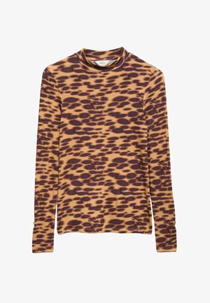 Langærmet top i lys brun med mørkebrunt leopardmønster, med rund halsudskæring og tætsiddende pasform, lavet af blødt, strækbart materiale.
