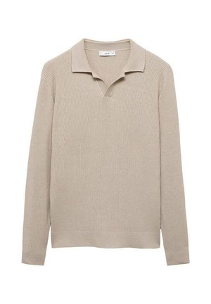 Beige ribbed knit pullover with a collared neckline, V-cut front, long sleeves, and a straight bottom hem. Smooth texture throughout.