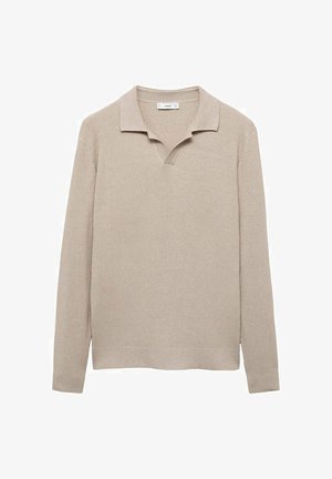 Pullover a coste beige con scollatura a colletto, scollatura a V frontale, maniche lunghe e orlo dritto. Texture liscia in tutto il prodotto.