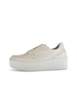 White leather platform sneakers with textured detailing, round toe, and matching round laces. Features a ribbed outsole and stitching accents.