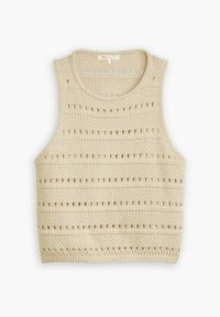 Top tank in maglia beige con motivi di lavorazione aperta orizzontali e verticali, scollatura rotonda e design senza maniche. Texture morbida.