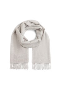 Hellgrauer Schal aus weichem Stoff, mit einem schlichten Design und ausgefransten Kanten, in Form einer Schlaufe drapiert für Vielseitigkeit.