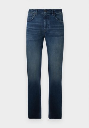 Blue denim jeans with a straight-leg cut, featuring a mid-rise waist, subtle fading, and traditional 5-pocket design.