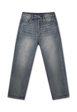 Jeans a gamba dritta di colore blu sbiadito con tasche frontali e un piccolo logo bianco "DON ED HARD designs" sulla coscia destra.