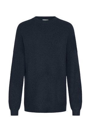Maglione a maglia blu navy con scollo rotondo, maniche lunghe e texture a costine. Presenta una vestibilità rilassata e nessun hardware o decorazioni visibili.
