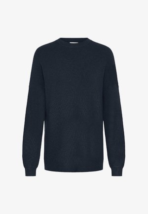 Jersey de punto azul marino con un cuello redondo, mangas largas y textura acanalada. Presenta un ajuste relajado y no tiene hardware ni embellishments visibles.