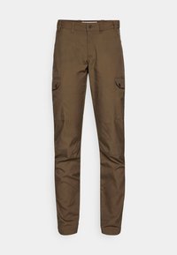 Brown cargo pants made of a durable fabric, featuring side pockets and a straight-leg design. Textured finish with belt loops.