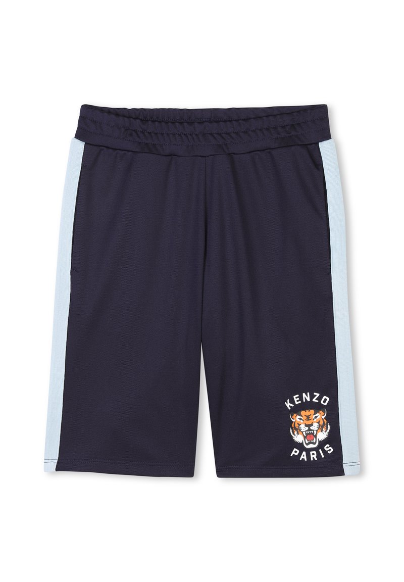 Pantaloni sportivi navy con pannelli laterali azzurri, vita elasticizzata, caratterizzati da una grafica di una tigre e il testo "KENZO PARIS" sul davanti in basso.