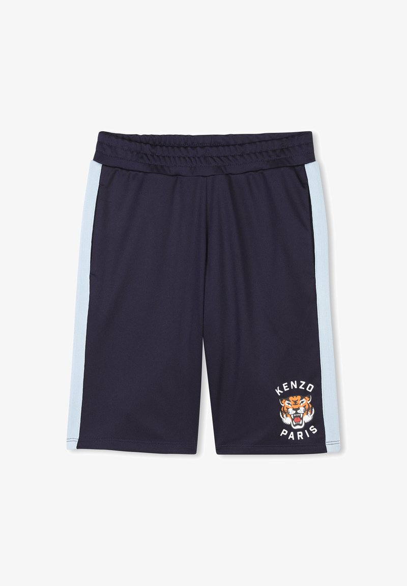Pantaloni sportivi navy con pannelli laterali azzurri, vita elasticizzata, caratterizzati da una grafica di una tigre e il testo "KENZO PARIS" sul davanti in basso.