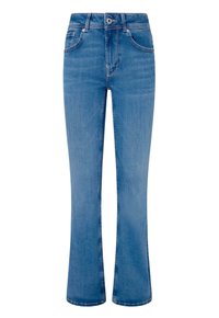 Jeans acampanados de color azul claro con un diseño de cinco bolsillos, cierre de botón y cremallera, y detalles de costura a lo largo de las costuras y los bolsillos.