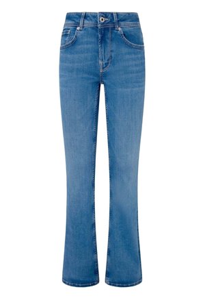 Light blue flared jeans with a five-pocket design, button and zip closure, and stitching details along the seams and pockets.