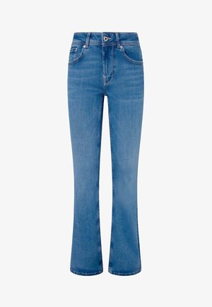 Jasnoniebieskie dzwony z pięcioma kieszeniami, zapięciem na guzik i zamek błyskawiczny oraz przeszyciami wzdłuż szwów i kieszeni.