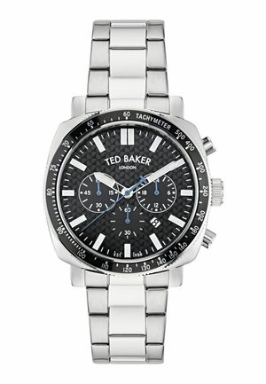 Silver stainless steel watch with a black textured dial, white hour markers, and chronograph features. Includes a tachymeter bezel.