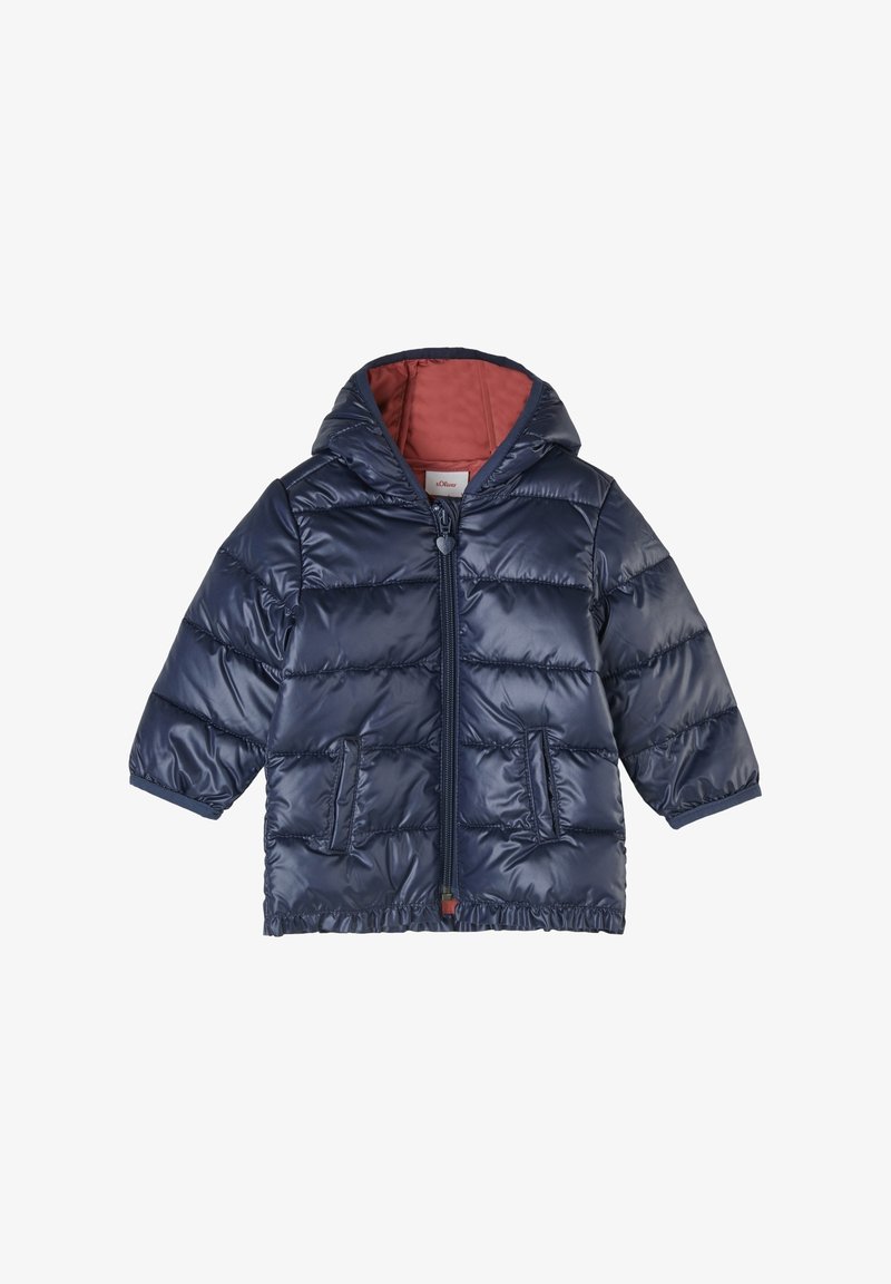 Marineblaue Steppjacke mit Kapuze, Reißverschluss und elastischem Saum. Verfügt über zwei Fronttaschen und ein kontrastierendes pinkes Futter.