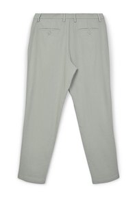Hellgraue Slim-Fit-Hosen mit Gürtelschlaufen und zwei knöpfbaren Gesäßtaschen, flach von hinten präsentiert.