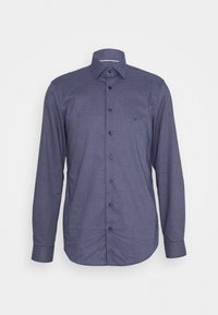 Blå- och vitrutigt långärmat skjorta i bomull, med knappad krage, framknappar och en bröstficka.