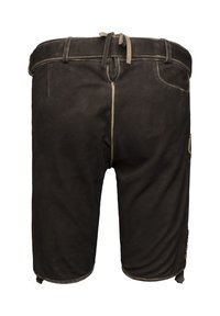 Zwarte suède shorts met een gestrikte taille, contrasterende stiksels en een zijzak met knopenaccenten. Gladde textuur en een knielange pasvorm.