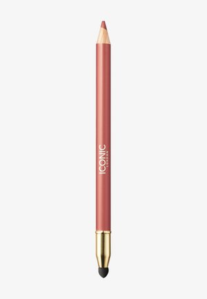 Lippencil in rosé Pink mit einem Holztipp und einem goldfarbenen Metallakzent am Verblending-Ende, mit dem Markennamen "ICONIC LONDON" bedruckt.