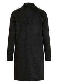 Cappotto nero con una texture liscia e opaca e una silhouette lunga e dritta. Presenta un colletto classico e maniche lunghe. Senza chiusure visibili.