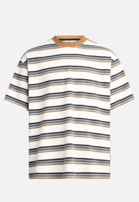 Short-sleeve striped t-shirt in white, featuring horizontal bands of brown, blue, and black. Round neckline with contrasting tan trim.