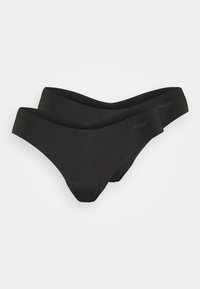 Zwarte bikinislipjes, gemaakt van glad materiaal, met een naadloos ontwerp en een lage tailleband zonder zichtbare patronen of accenten.