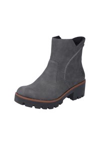 Bota tobillera de cuero gris con acabado texturizado, cortes curvados y suela de goma marrón con un diseño robusto y estriado.