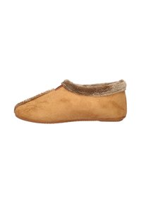 Tan suède pantoffel met een met bont gevoerde rand, platte zool en een ronde neus. Beschikt over een subtiele textuur en een eenvoudig ontwerp.