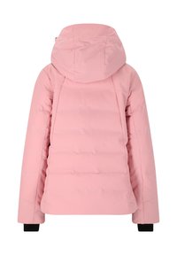 Rosa puffjacka med huva, med kviltade sektioner och svarta ärmslut. Slät textur, figurnära silhuett och medellång design.
