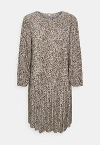 Robe imprimé léopard avec manches longues bouffantes, encolure ronde et taille froncée. Confectionnée en tissu léger aux tons beige et marron.