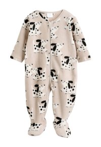 Barna plüss kezeslábas fekete-fehér kutyamintával, teljes cipzárral, hosszú ujjakkal és talpas kivitelben. Puha tapintás és biztonságos illeszkedés.