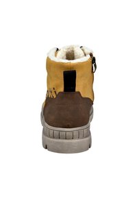 Braune und beige Winterstiefel mit weißem Fleece-Futter, dicke Gummisohle, Ziehriegel hinten und seitlichem Reißverschluss, von hinten gezeigt.