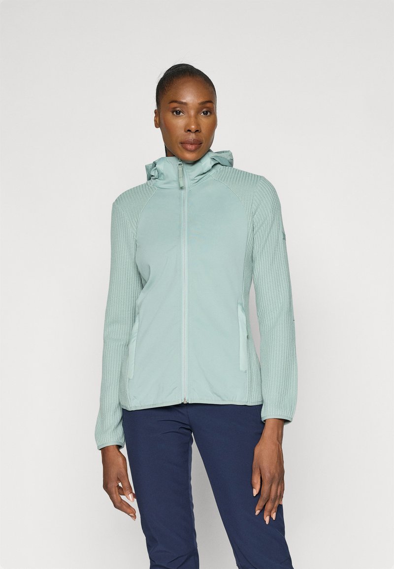 Helles blaues Zip-Up-Jacke mit strukturiertem Rippdesign an den Ärmeln, Kapuze und Seitentaschen. Glattes Material, taillierte Passform.