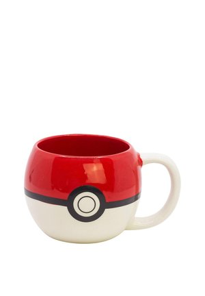 Rounded ceramic mug with red top half, white bottom half, black horizontal stripe, and circular button design, resembling a Poké Ball.