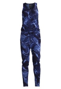 Combinaison sans manches bleu et noir avec motif de feuilles tropicales, taille à cordon et encolure ronde à boutons.