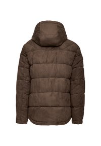 Braune Pufferjacke mit Kapuze, gestepptem Muster und einer glatten, weichen Oberfläche. Die Rückansicht zeigt Nahtdetails und einen abgerundeten Saum.