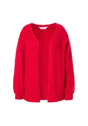 Roter gestrickter Cardigan mit lockerem Schnitt, offener Vorderseite und langen Ärmeln. Verfügt über einen weichen, strukturierten Stoff und gerippte Bündchen an den Ärmeln.