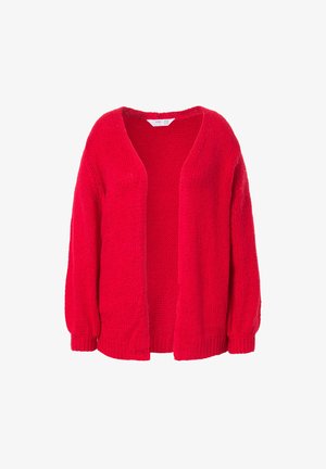 Punainen neulottu villatakki, jossa on löysä malli, avoin etuosa ja pitkät hihat. Ominaisuuksiin kuuluu pehmeä, teksturoitu kangas ja ribbireunukset hihoissa.