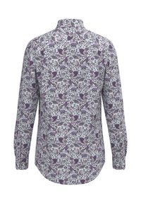 Camicia a maniche lunghe con un motivo floreale testurizzato in viola e bianco, colletto button-down e orlo curvo per una vestibilità comoda.