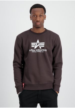 Junger Mann mit den Händen in den Taschen trägt einen dunkelbraunen Pullover mit weißem "Alpha Industries Knoxville Tennessee USA" Logo auf der Vorderseite.