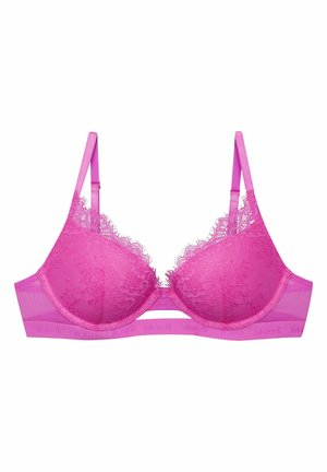 Rosa Spitzen-BH mit vorgeformten Cups, dünnen Trägern und einem Band aus strukturiertem Stoff. Die Spitze hat eine gewellte Kantenverzierung.