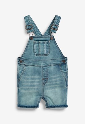 Jasnoniebieskie krótkie ogrodniczki z denimu z regulowanymi szelkami, przednią kieszenią na piersi, bocznymi guzikami i podwiniętymi nogawkami.