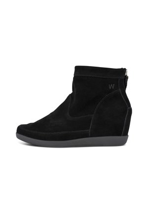 Black suede ankle boots with a wedge sole, featuring a side zipper and structured design. Smooth texture with subtle stitching details.