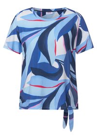 Top da donna a maniche corte in blu chiaro e blu scuro con motivi di foglie astratte; presenta un dettaglio a fiocco all'orlo per un tocco in più.