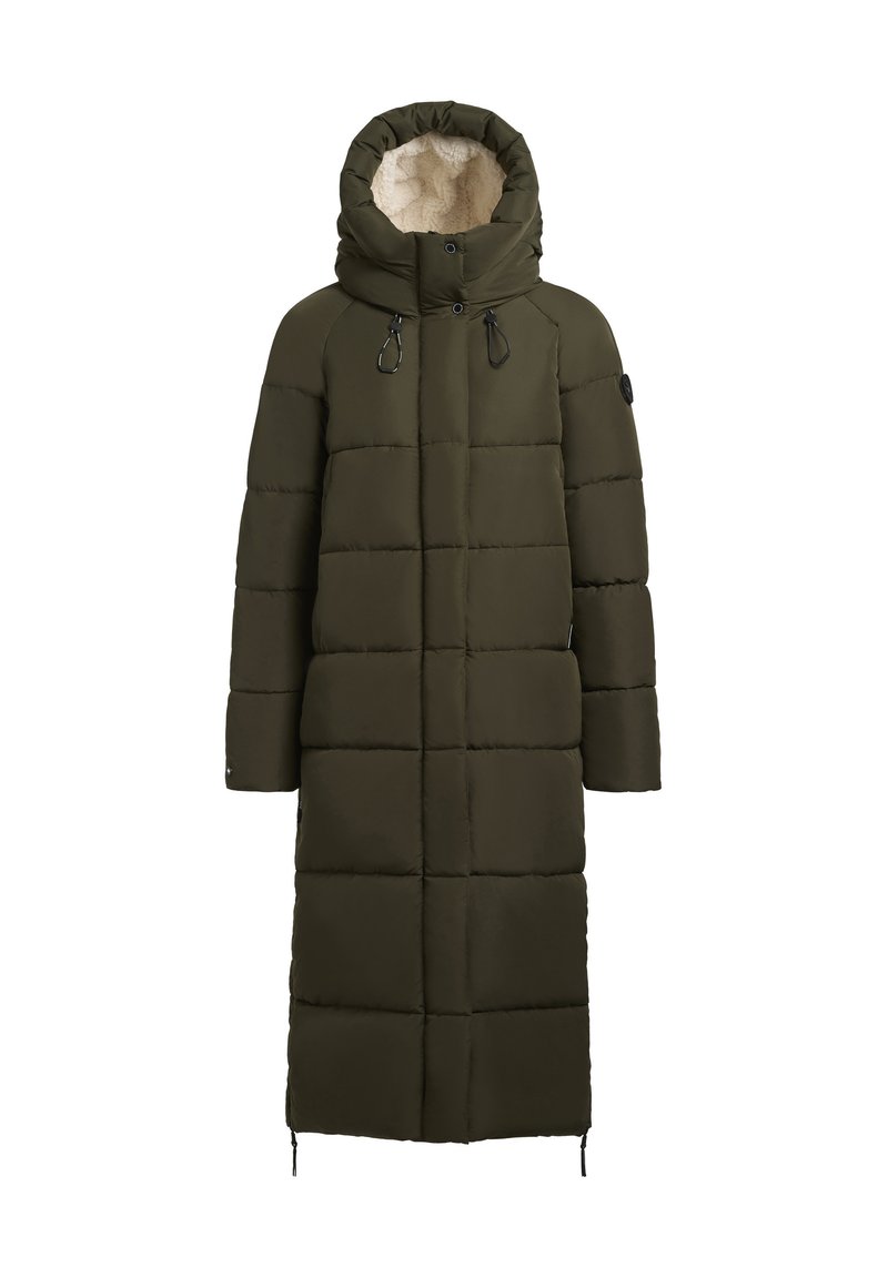 Langer Puffer-Mantel in Dunkelgrün, mit Kapuze, plüschigem Innenfutter, gestepptem Design und Kordelzügen am Hals und am Saum.