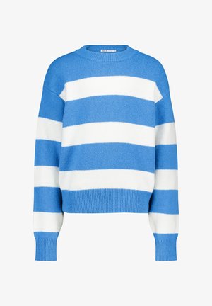 Sininen ja valkoinen raidoitettu neulepusero pehmeästä materiaalista. Sisältää pyöreän kaula-aukon, pudotetut olkapäät sekä ribbaatut hihansuut ja helman.