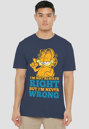 Navy cotton t-shirt featuring a comic-style Garfield graphic with text: "I'M NOT ALWAYS RIGHT BUT I'M NEVER WRONG" in yellow and blue.