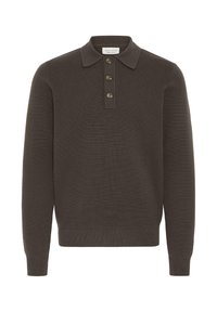 Brauner Strickpullover mit Kragen, dreiknöpfiger Knopfleiste, langen Ärmeln sowie Rippdetails am Saum und an den Bündchen.
