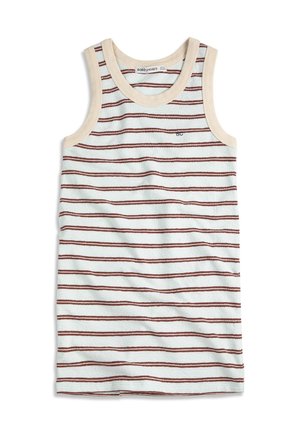 Débardeur blanc sans manches avec de fines rayures horizontales marron et bordure beige autour de l'encolure et des emmanchures. Petit logo "BC" sur la poitrine.